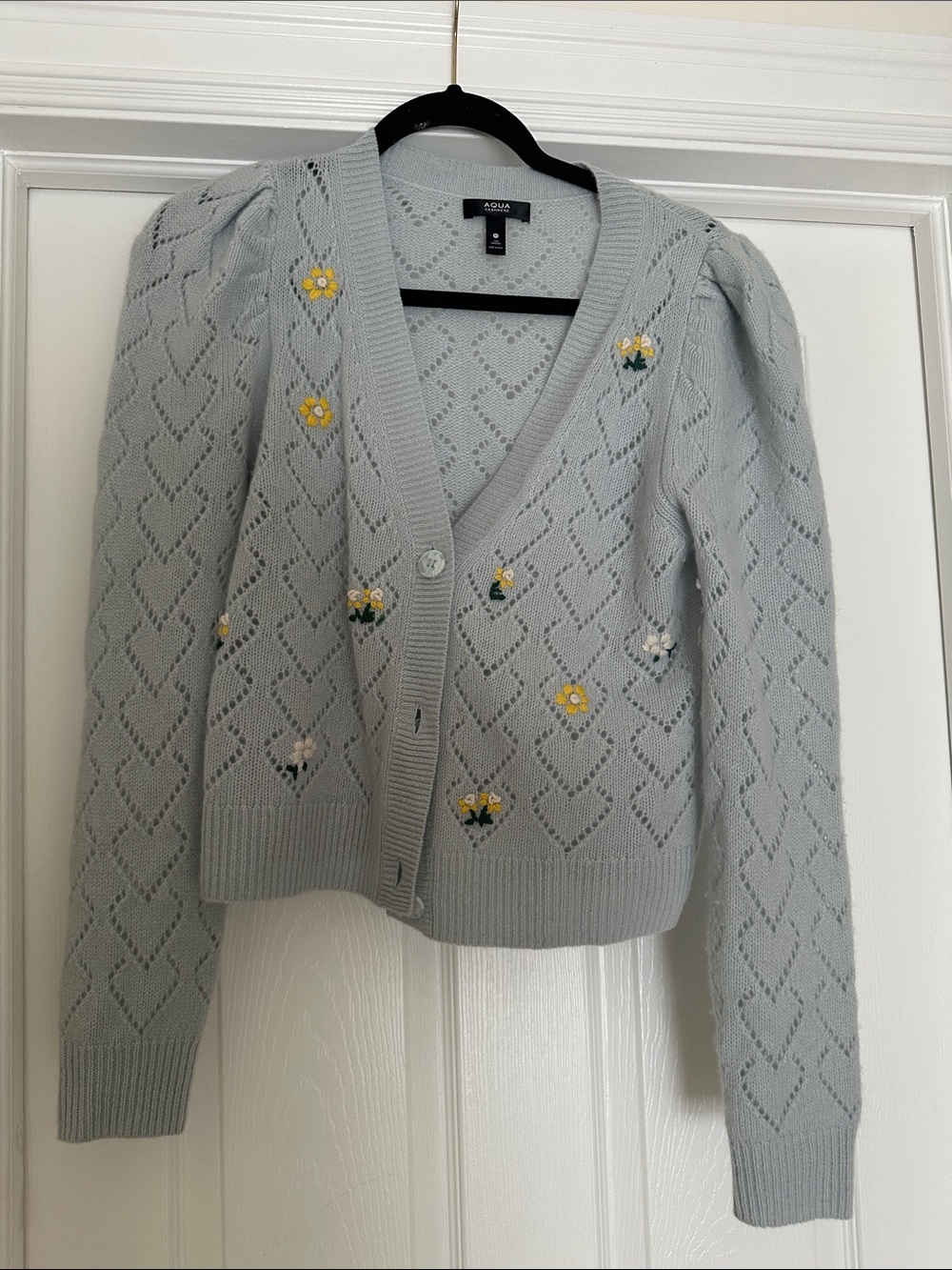 Aqua Pale Blue Eyelet Knit Cardigan with Embroidered Yellow & White Flowers